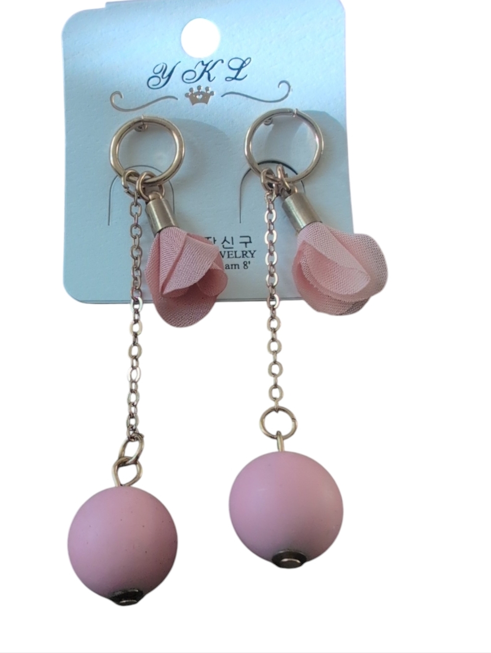 Pink Bead & Ribbon Drop Hoop Earrings Gold Tone